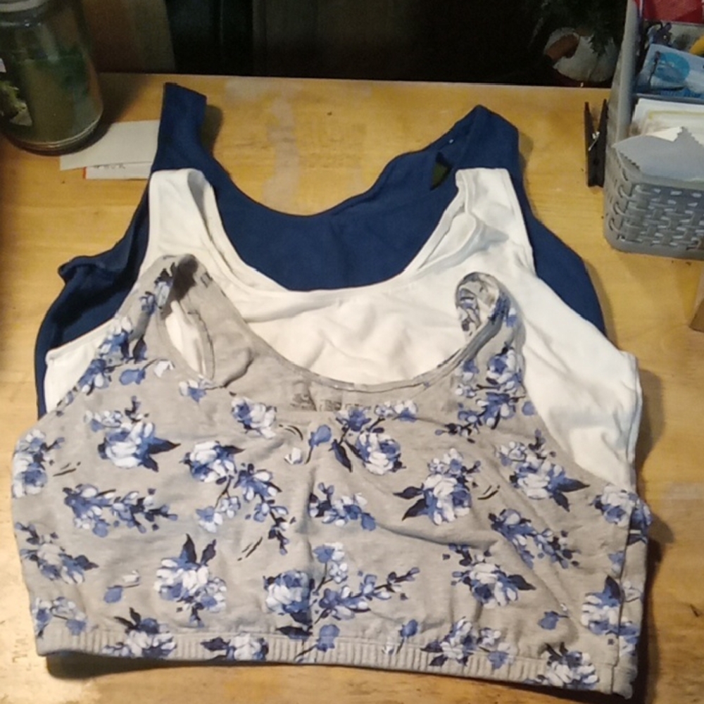 (423) Package Of 3, Fruit of the Loom Blue, White, and Floral Camisoles / Bras